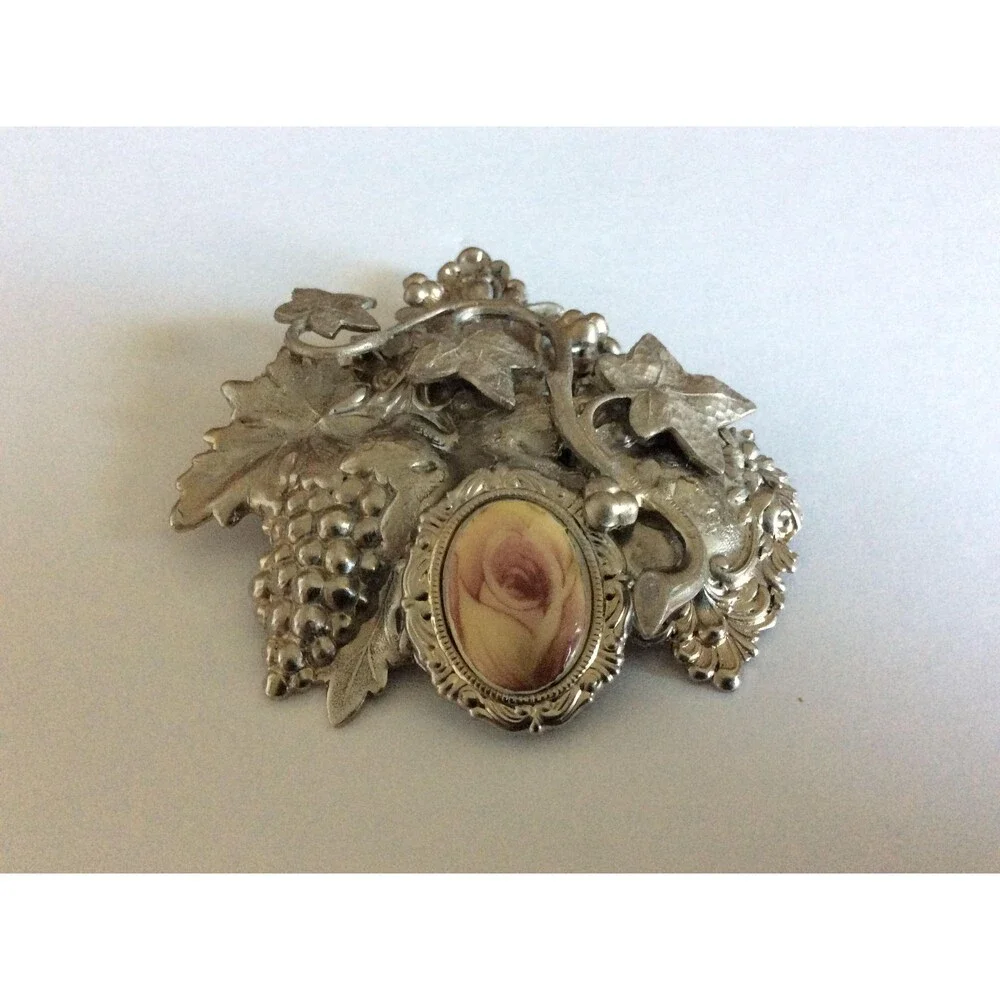 Vintage Silver tone 3D Rose Brooch Pendant